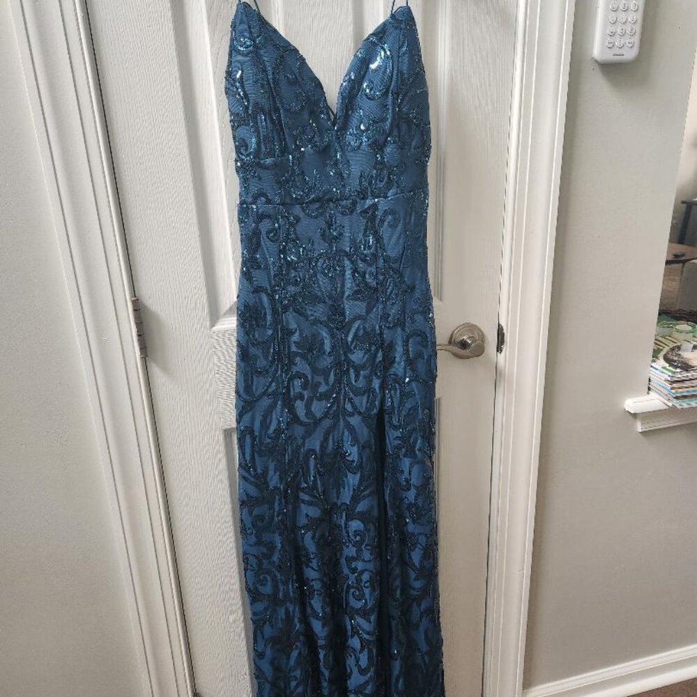 Blue sequin long dress with a flattering fit